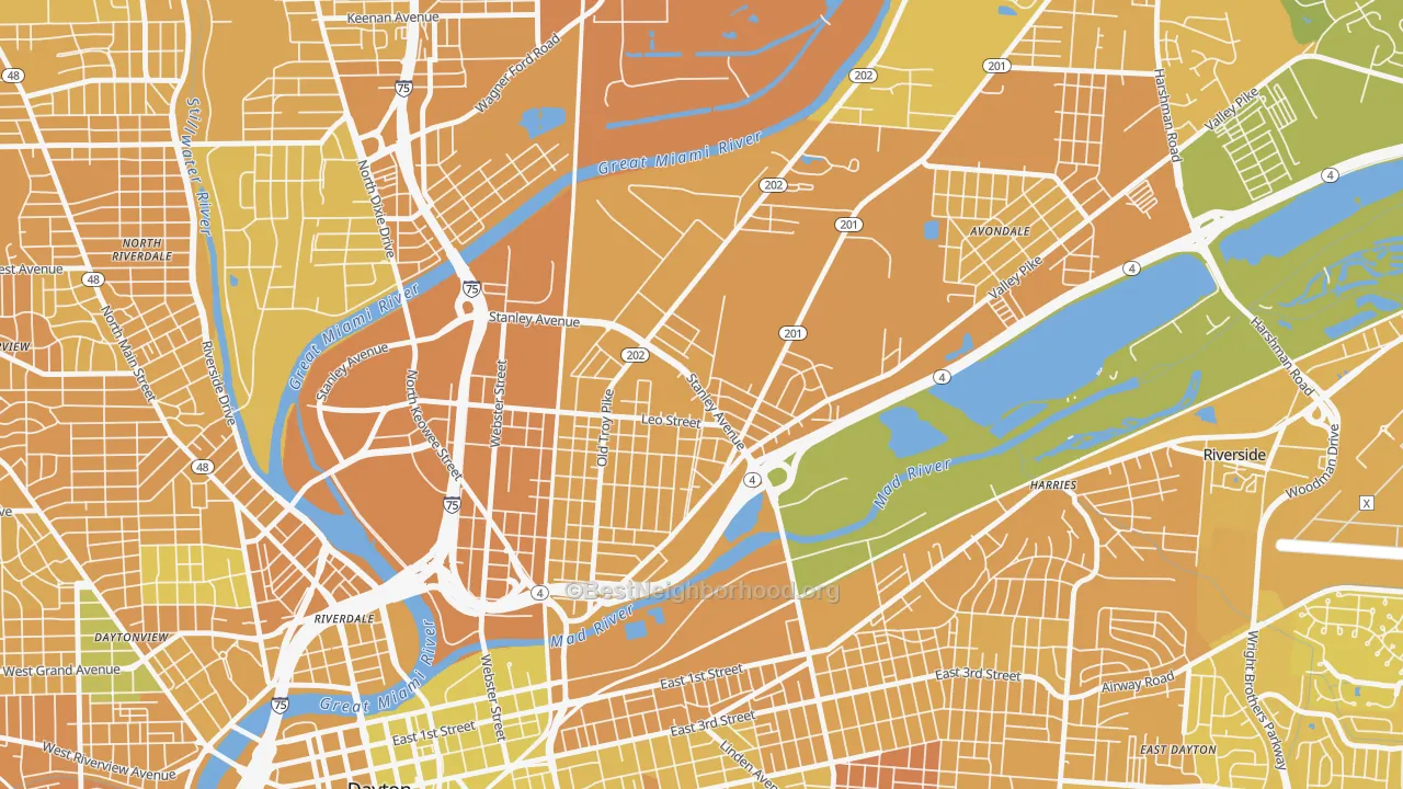 Map of the best neighborhoods in the Old North Dayton, Dayton area, with better matches in green and worse matches in red