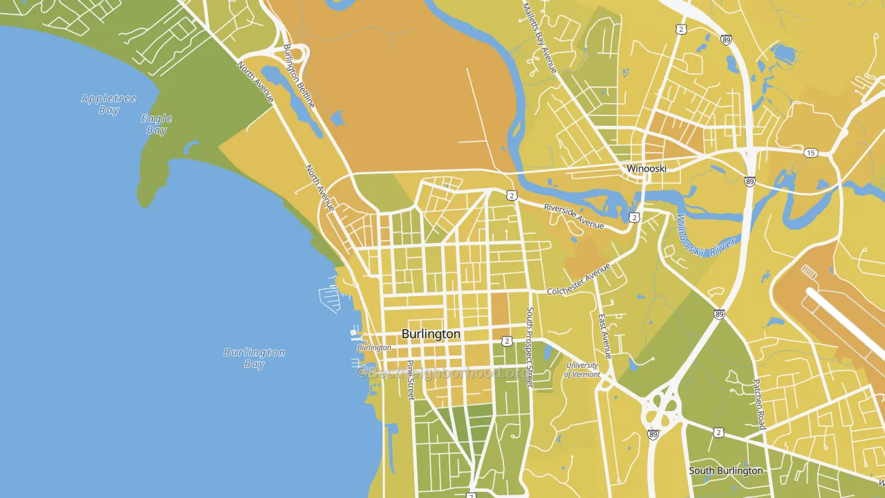 Map of the best neighborhoods in the Old North End, Burlington area, with better matches in green and worse matches in red