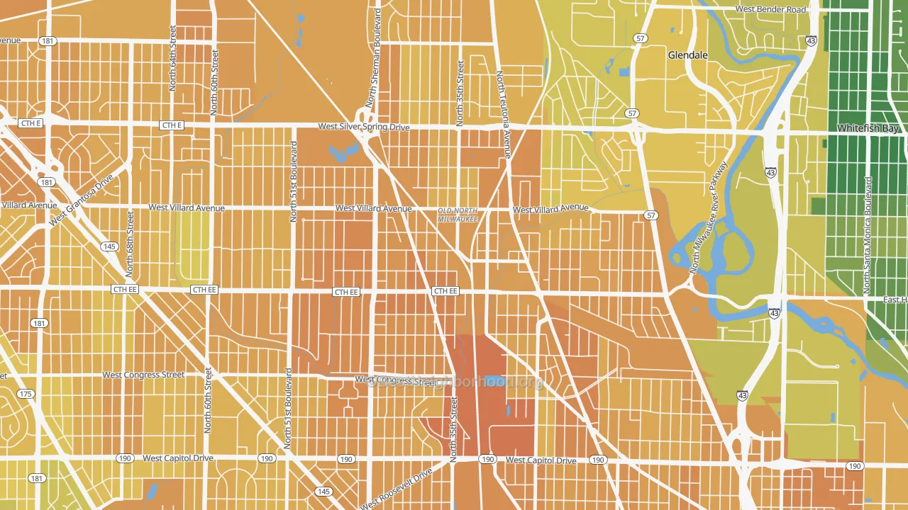 Map of the best neighborhoods in the Old North Milwaukee, Milwaukee area, with better matches in green and worse matches in red