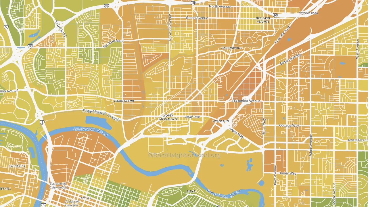 Map of the best neighborhoods in the Old North Sacramento, Sacramento area, with better matches in green and worse matches in red