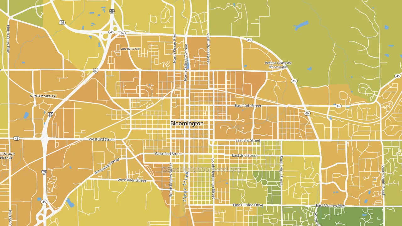 Map of the best neighborhoods in the Old Northeast, Bloomington area, with better matches in green and worse matches in red
