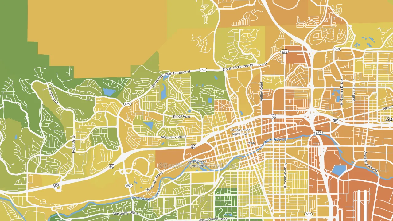 Map of the best neighborhoods in the Old Northwest-West University, Reno area, with better matches in green and worse matches in red