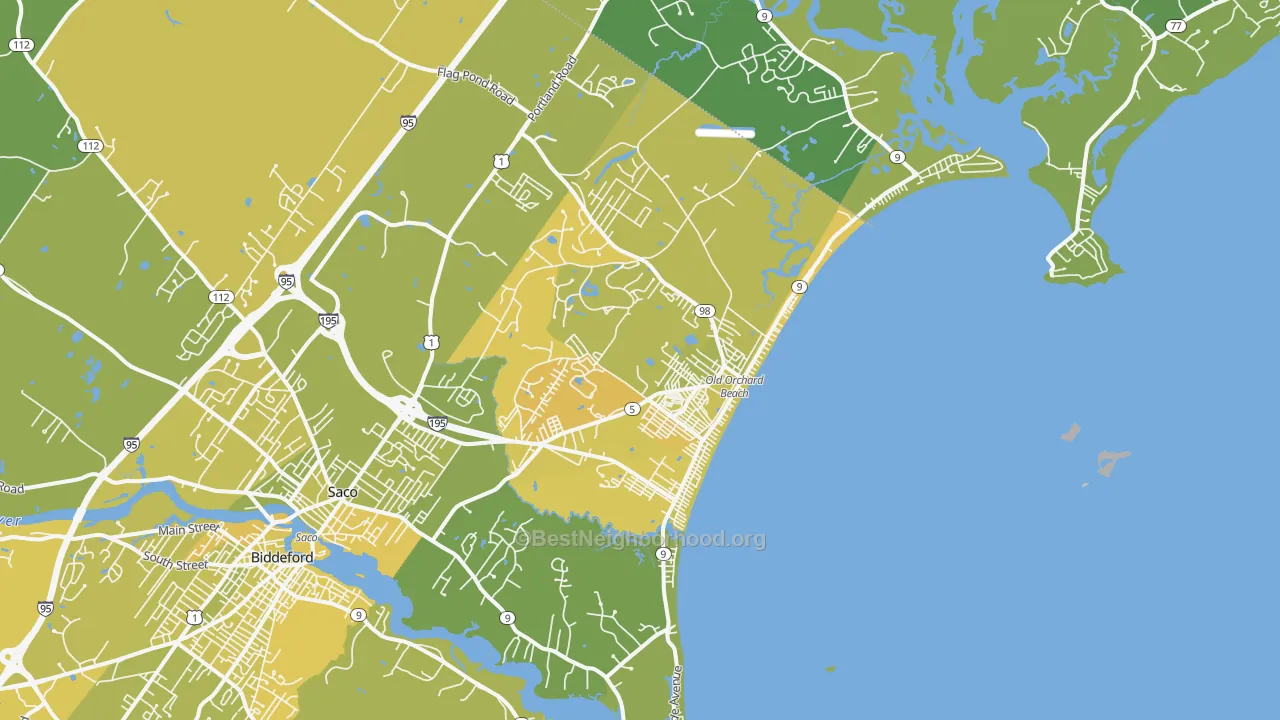 Map of the best neighborhoods in the Old Orchard Beach area, with better matches in green and worse matches in red