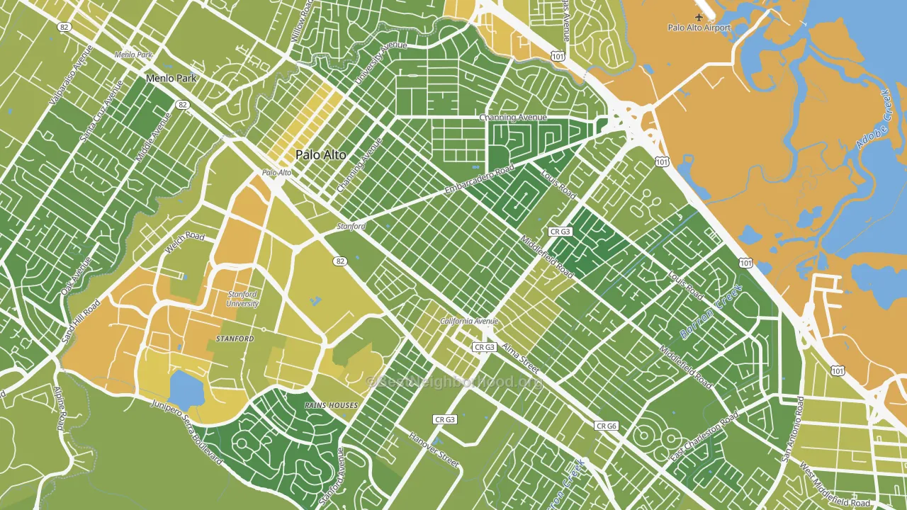 Map of the best neighborhoods in the Old Palo Alto, Palo Alto area, with better matches in green and worse matches in red
