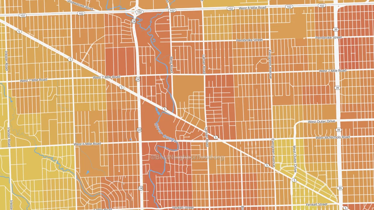 Map of the best neighborhoods in the Old Redford, Detroit area, with better matches in green and worse matches in red