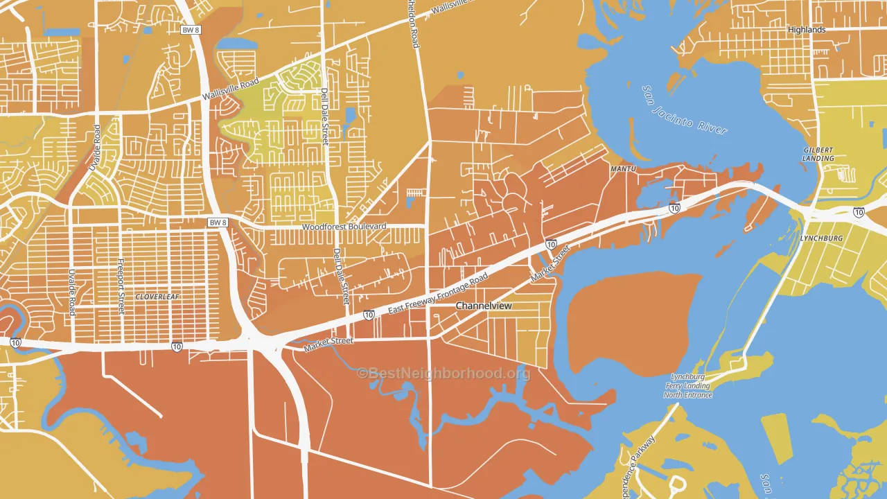 Map of the best neighborhoods in the Old River Terrace, Channelview area, with better matches in green and worse matches in red