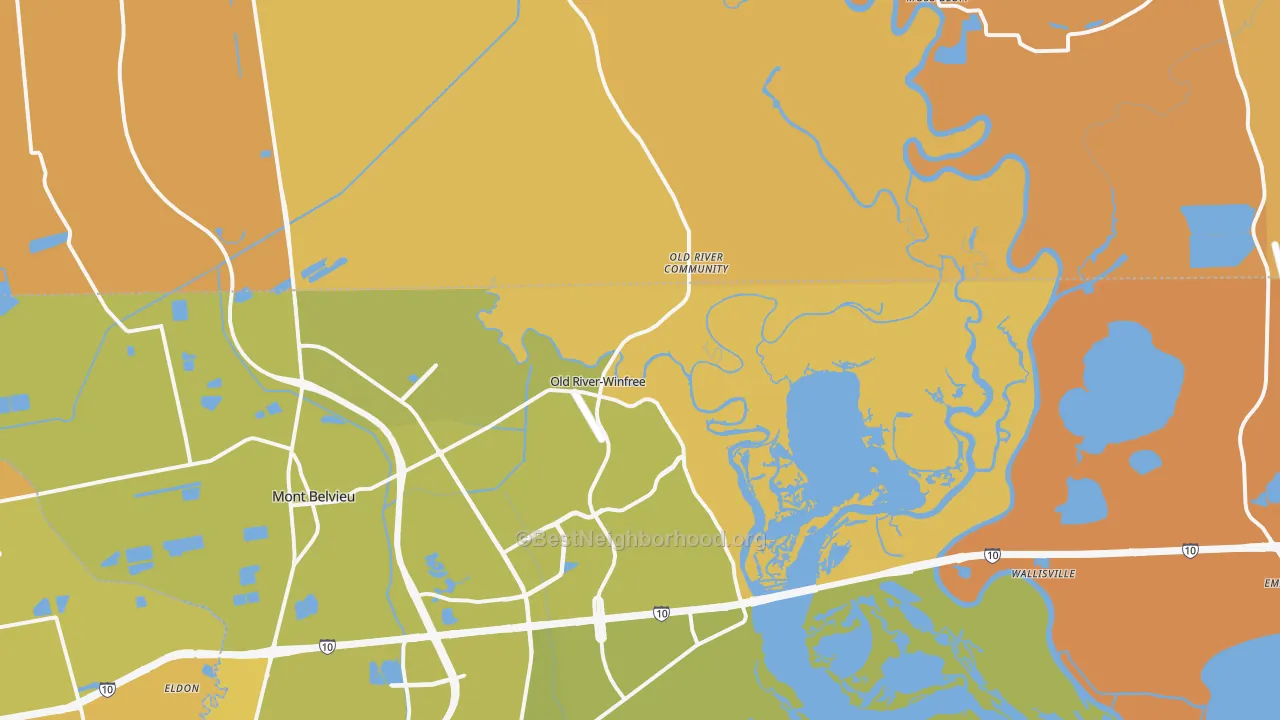 Map of the best neighborhoods in the Old River-Winfree area, with better matches in green and worse matches in red