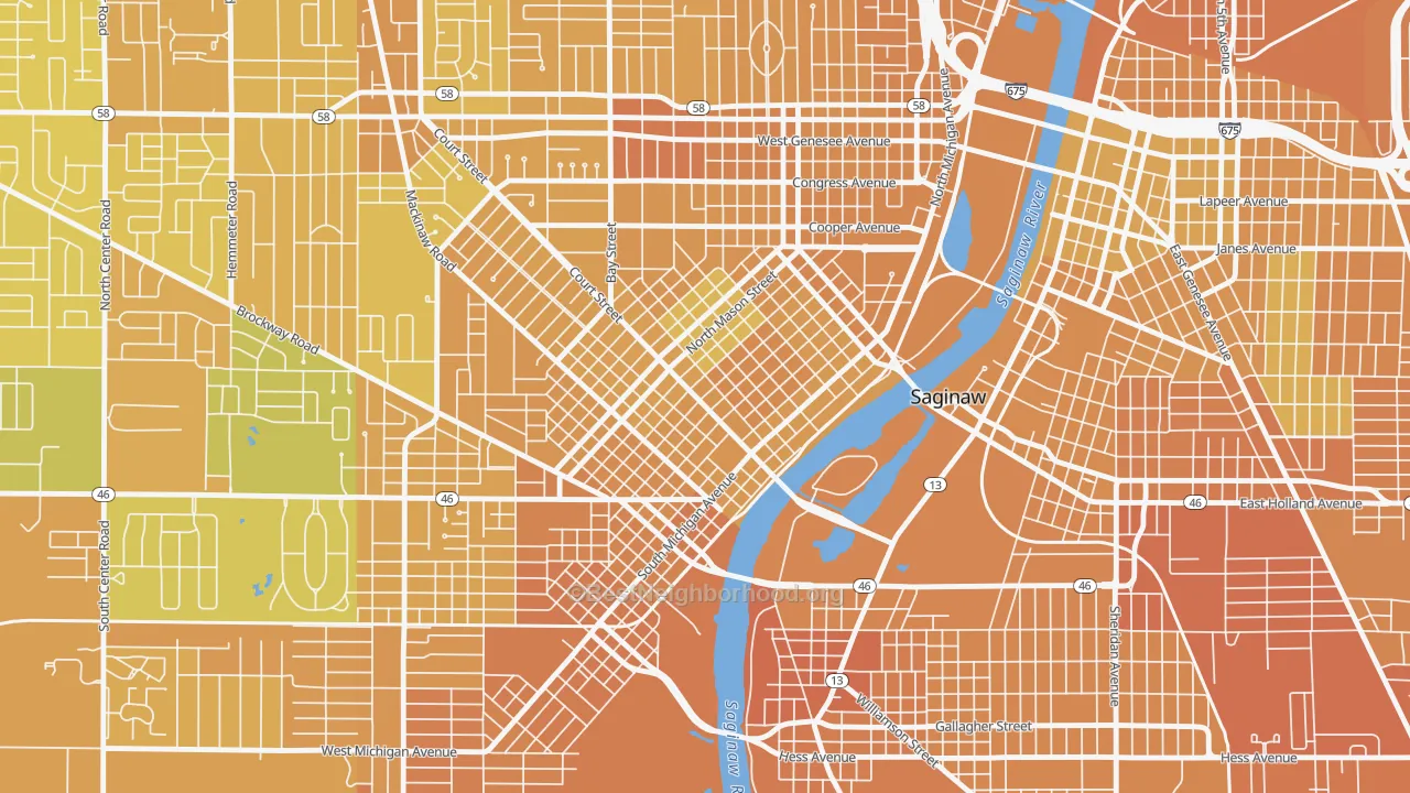 Map of the best neighborhoods in the Old Saginaw City, Saginaw area, with better matches in green and worse matches in red