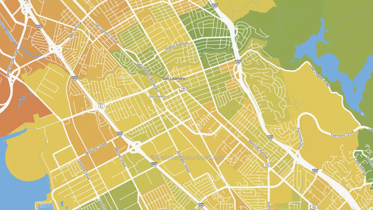 Map of the best neighborhoods in the Old San Leandro, San Leandro area, with better matches in green and worse matches in red