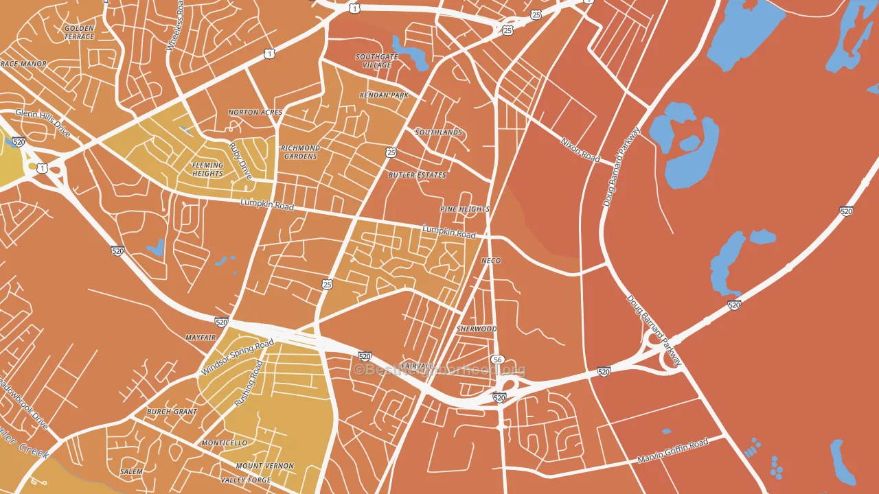 Map of the best neighborhoods in the Old Savannah, Augusta area, with better matches in green and worse matches in red