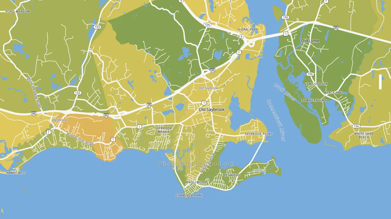 Map of the best neighborhoods in the Old Saybrook area, with better matches in green and worse matches in red