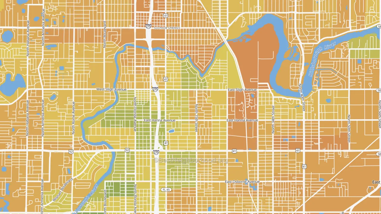 Map of the best neighborhoods in the Old Seminol Heights, Tampa area, with better matches in green and worse matches in red