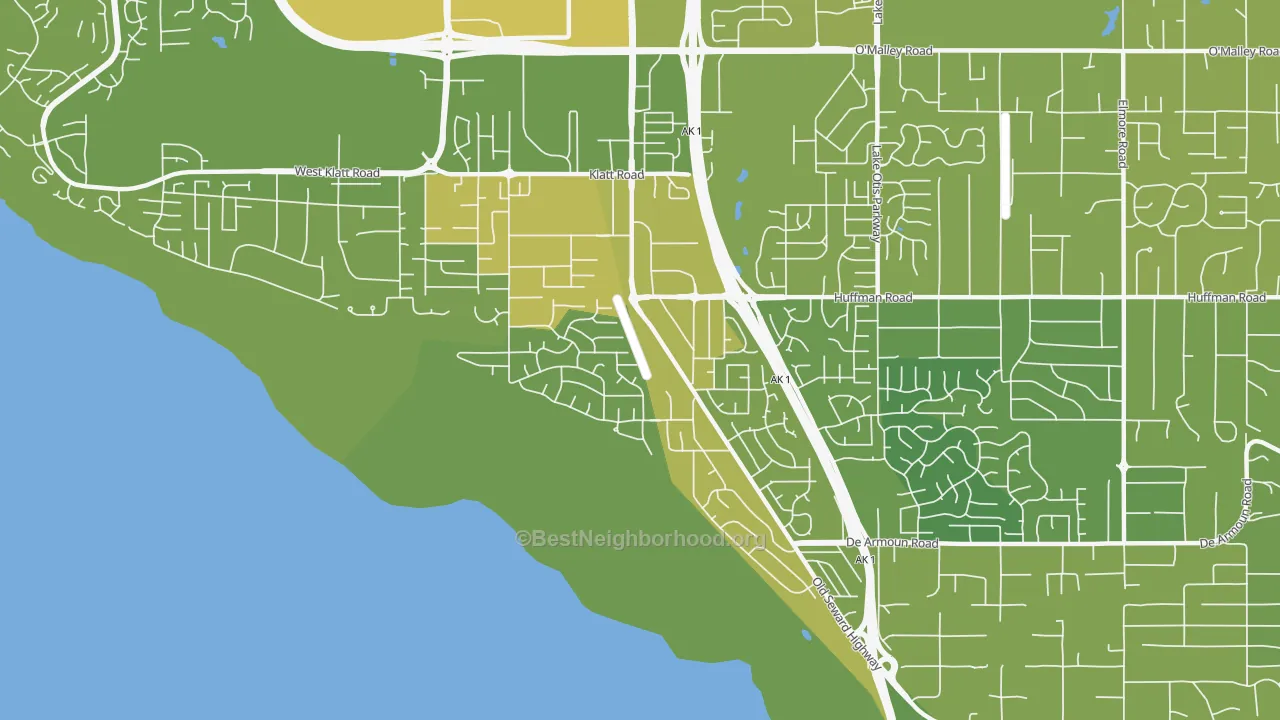 Map of the best neighborhoods in the Old Seward-Oceanview, Anchorage area, with better matches in green and worse matches in red