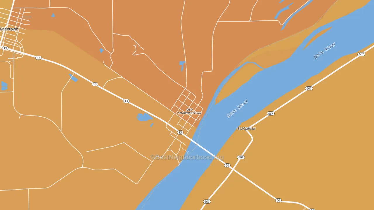 Map of the best neighborhoods in the Old Shawneetown area, with better matches in green and worse matches in red