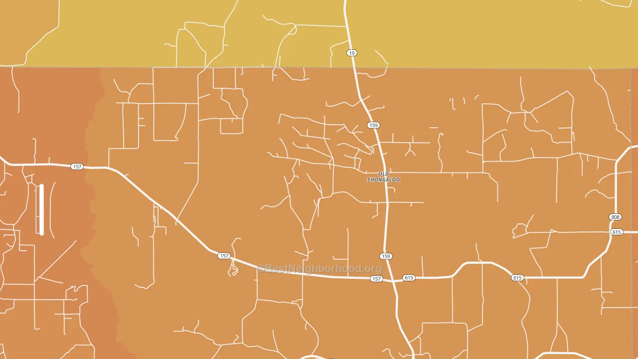 Map of the best neighborhoods in the Old Shongaloo area, with better matches in green and worse matches in red