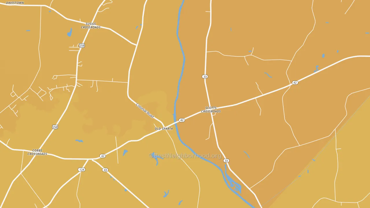 Map of the best neighborhoods in the Old Sparta area, with better matches in green and worse matches in red