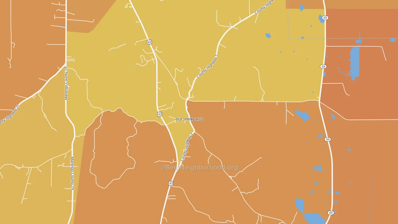 Map of the best neighborhoods in the Old Spring Hill area, with better matches in green and worse matches in red
