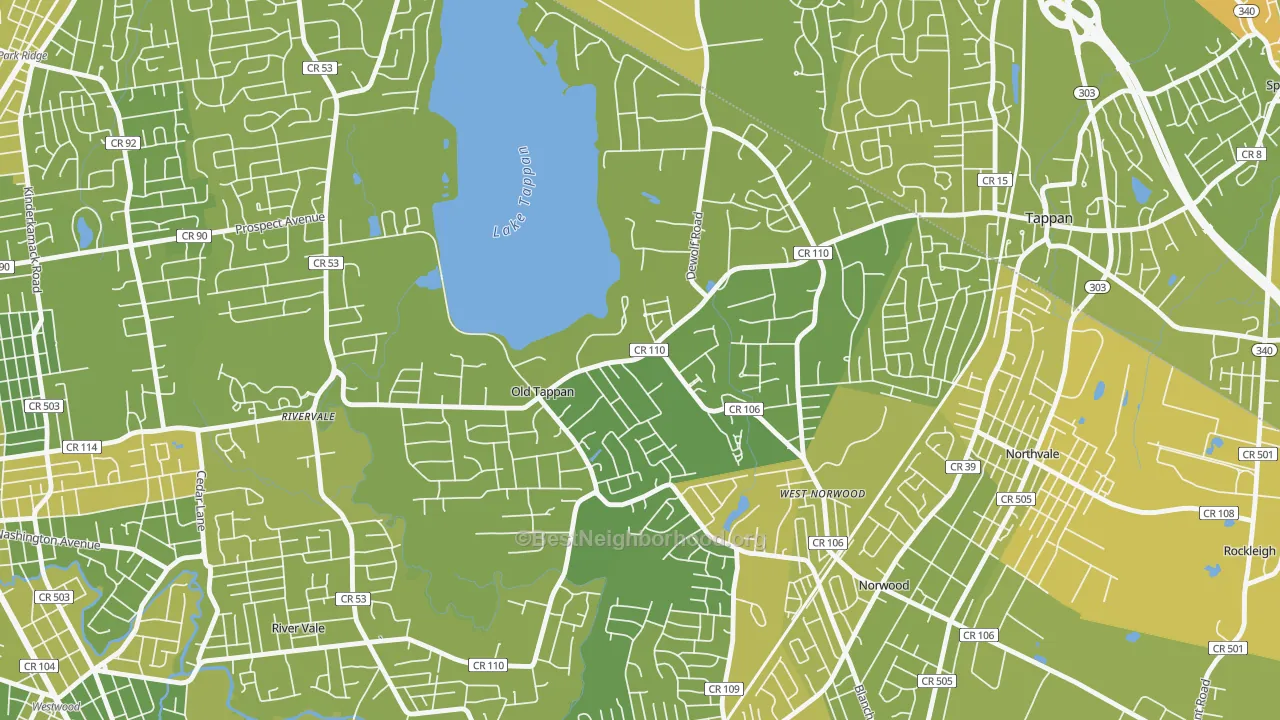 Map of the best neighborhoods in the Old Tappan area, with better matches in green and worse matches in red
