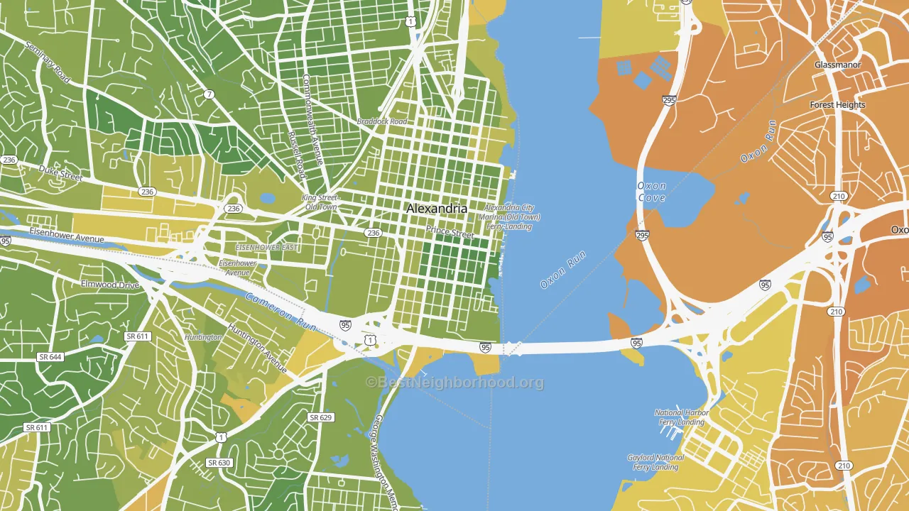 Map of the best neighborhoods in the Old Town, Alexandria area, with better matches in green and worse matches in red