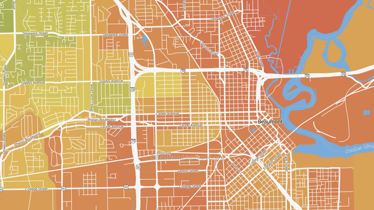 Map of the best neighborhoods in the Old Town, Beaumont area, with better matches in green and worse matches in red