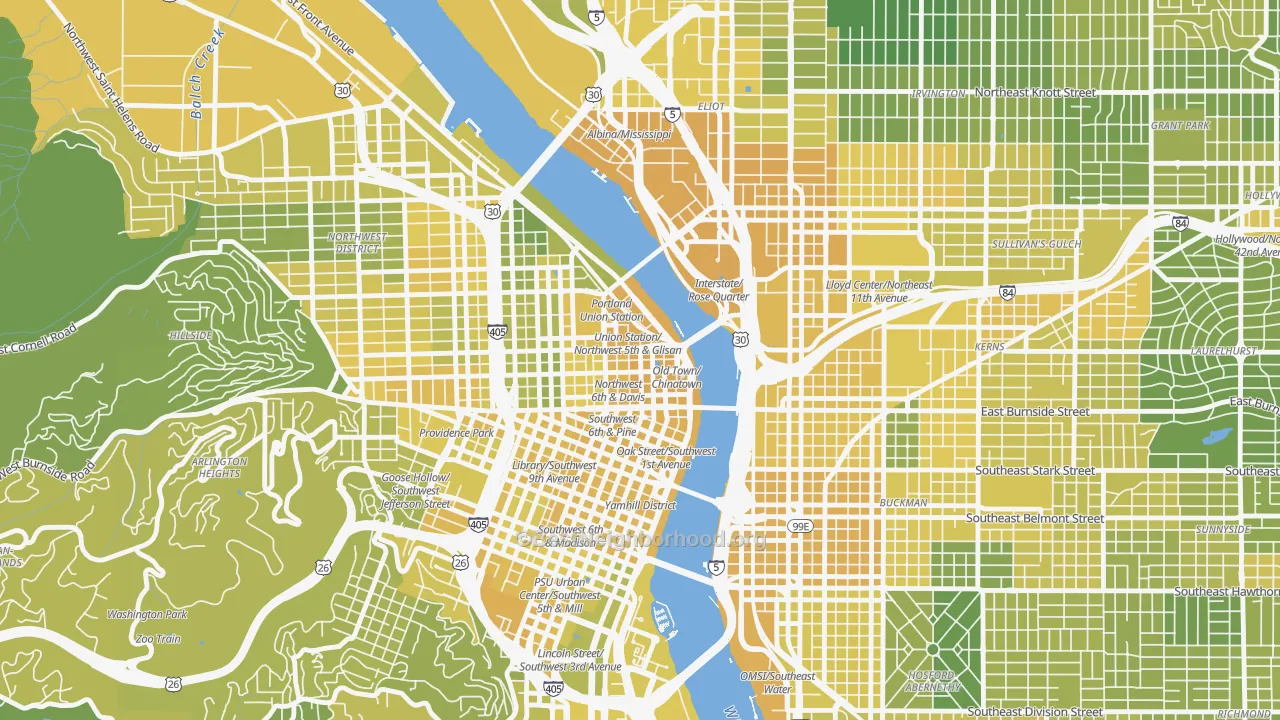 Map of the best neighborhoods in the Old Town-Chinatown, Portland area, with better matches in green and worse matches in red