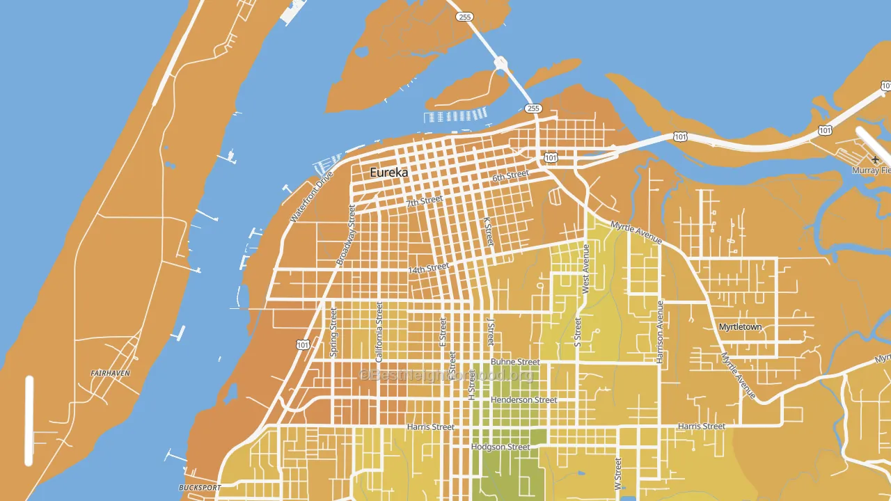 Map of the best neighborhoods in the Old Town, Eureka area, with better matches in green and worse matches in red