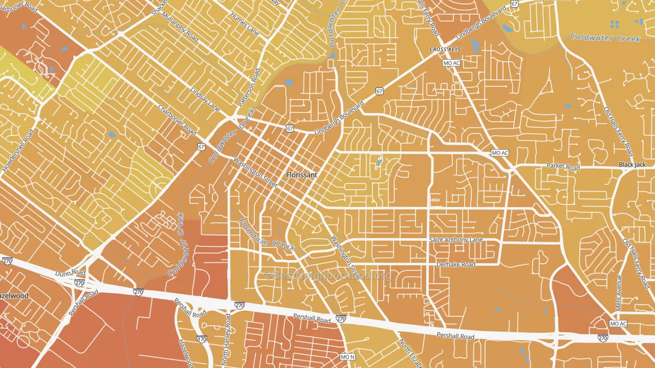 Map of the best neighborhoods in the Old Town Florissant, Florissant area, with better matches in green and worse matches in red