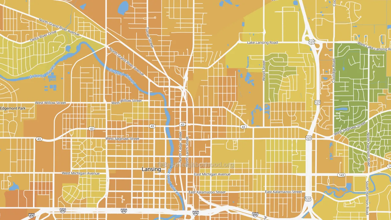 Map of the best neighborhoods in the Old Town, Lansing area, with better matches in green and worse matches in red