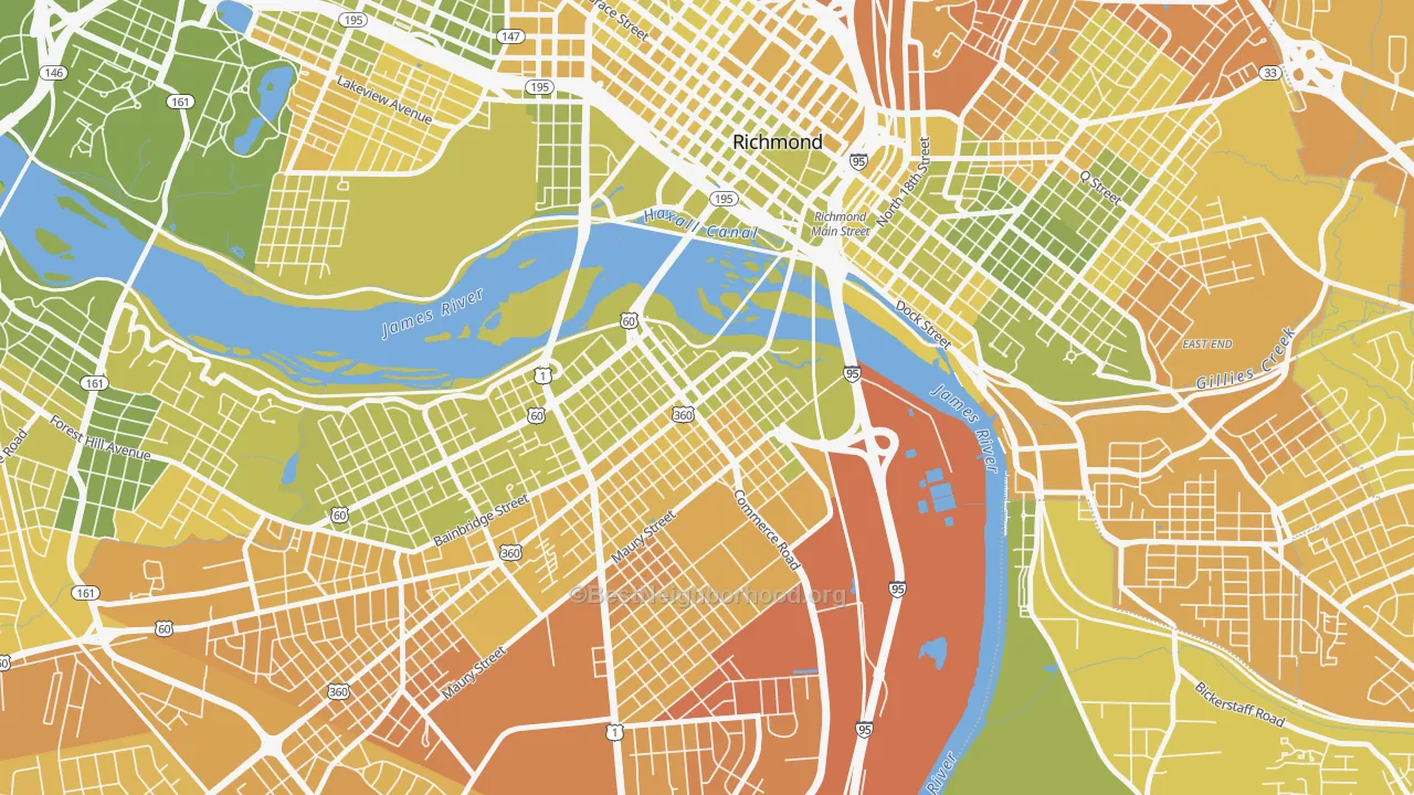 Map of the best neighborhoods in the Old Town Manchester, Richmond area, with better matches in green and worse matches in red