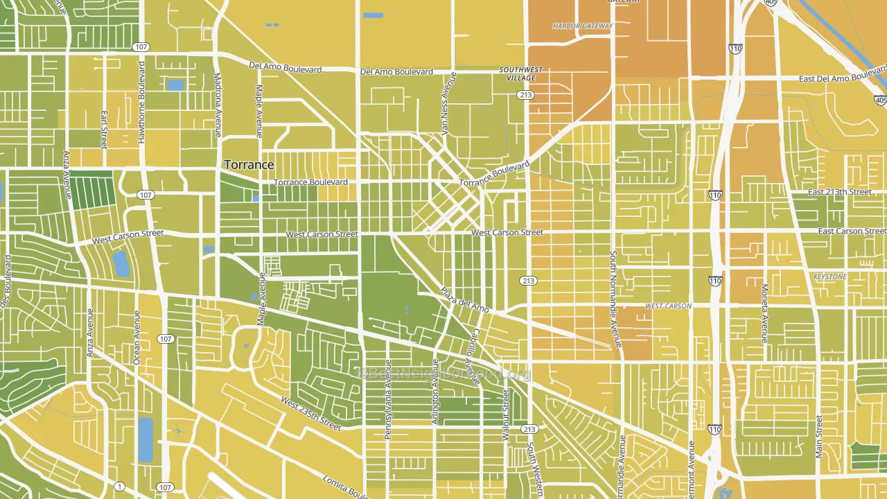 Map of the best neighborhoods in the Old Town, Torrance area, with better matches in green and worse matches in red
