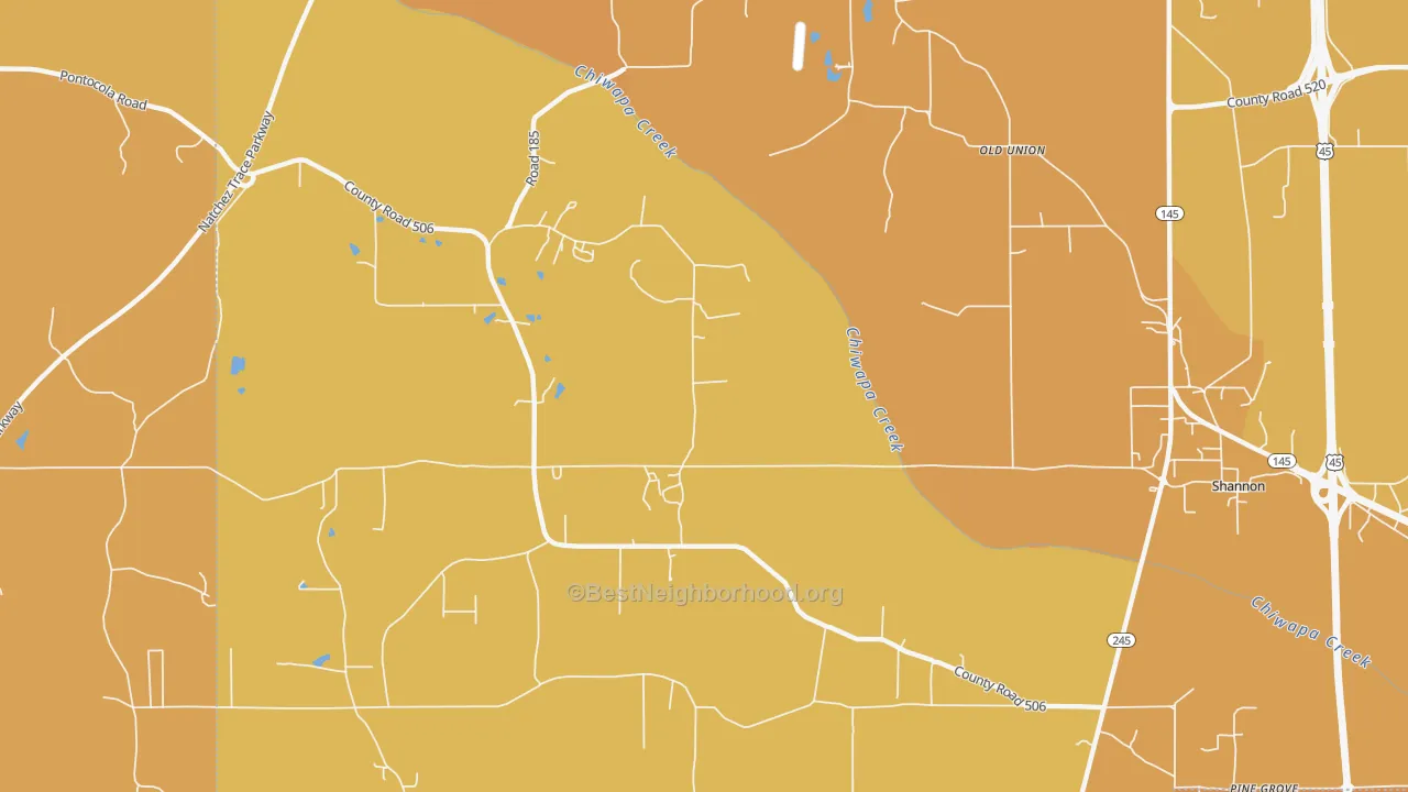 Map of the best neighborhoods in the Old Union area, with better matches in green and worse matches in red