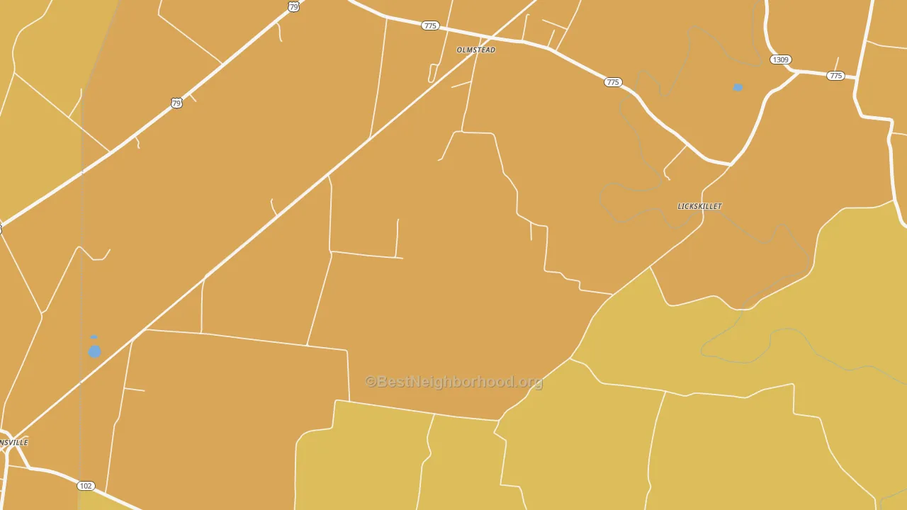 Map of the best neighborhoods in the Old Volney area, with better matches in green and worse matches in red