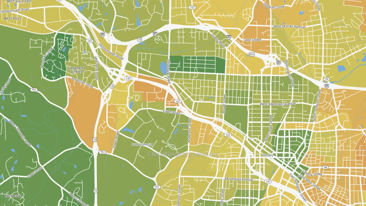 Map of the best neighborhoods in the Old West Durham, Durham area, with better matches in green and worse matches in red