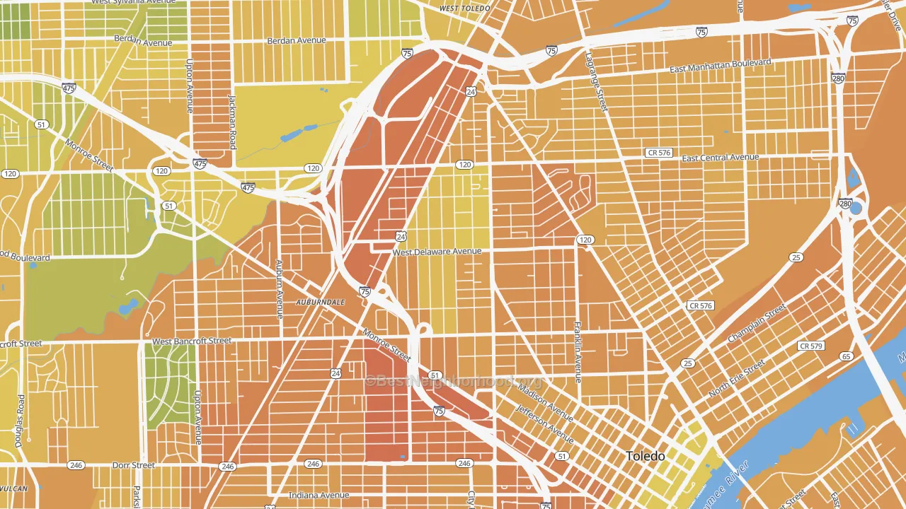 Map of the best neighborhoods in the Old West End, Toledo area, with better matches in green and worse matches in red