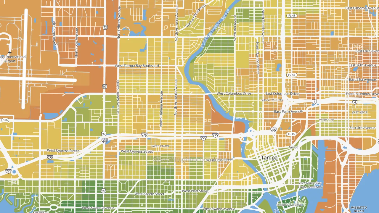 Map of the best neighborhoods in the Old West Tampa, Tampa area, with better matches in green and worse matches in red