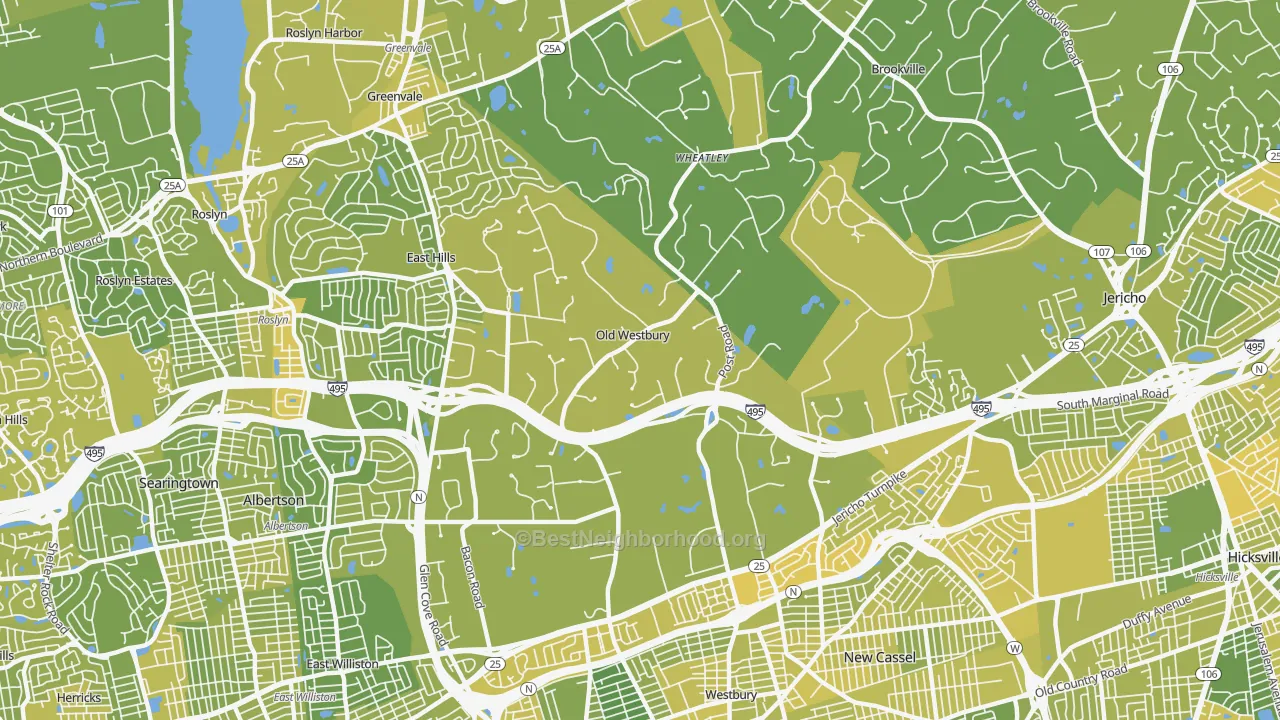 Map of the best neighborhoods in the Old Westbury area, with better matches in green and worse matches in red