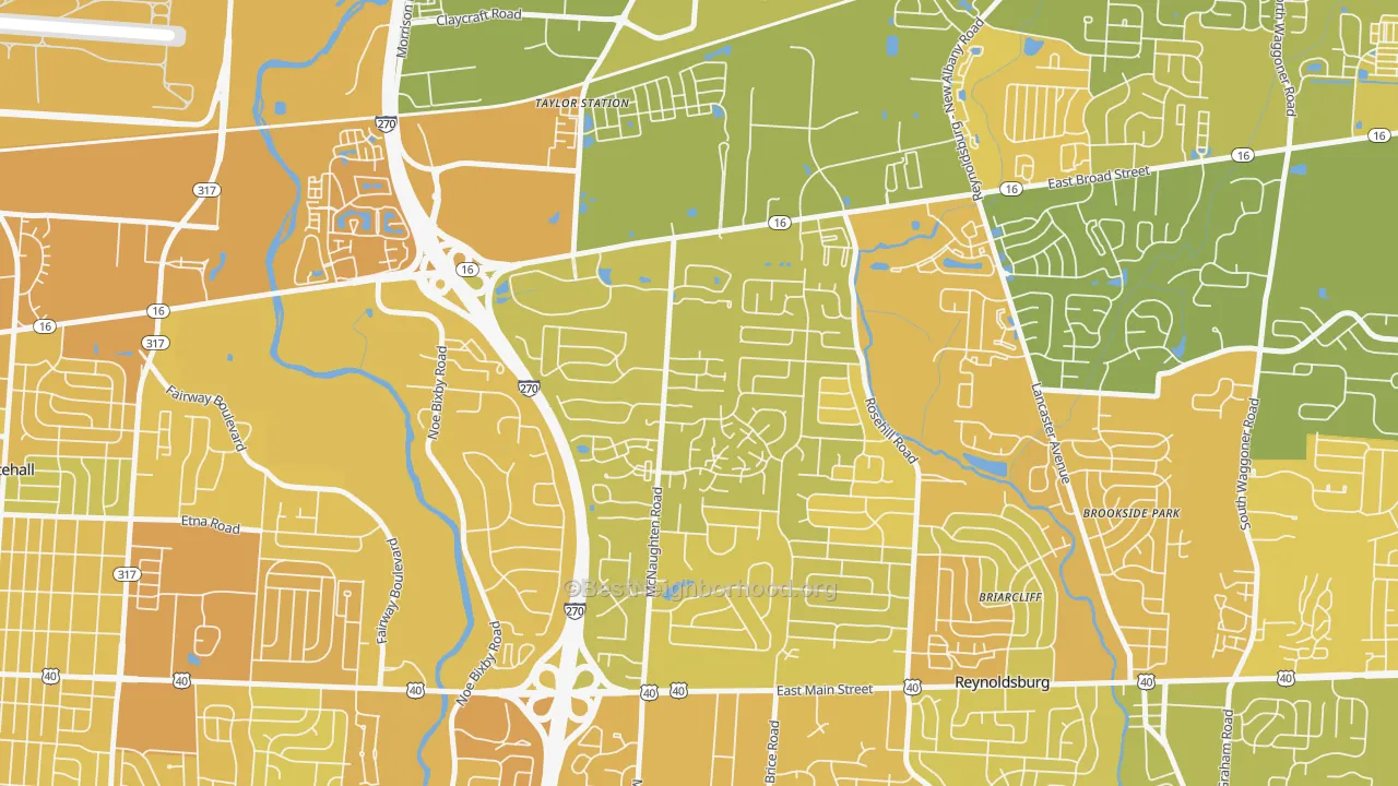Map of the best neighborhoods in the Olde Orchard, Columbus area, with better matches in green and worse matches in red