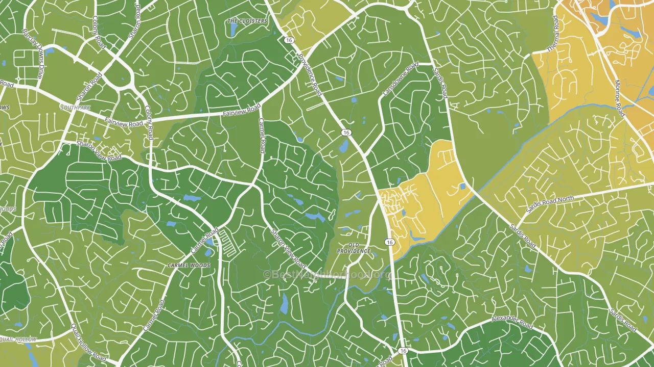 Map of the best neighborhoods in the Olde Providence North, Charlotte area, with better matches in green and worse matches in red