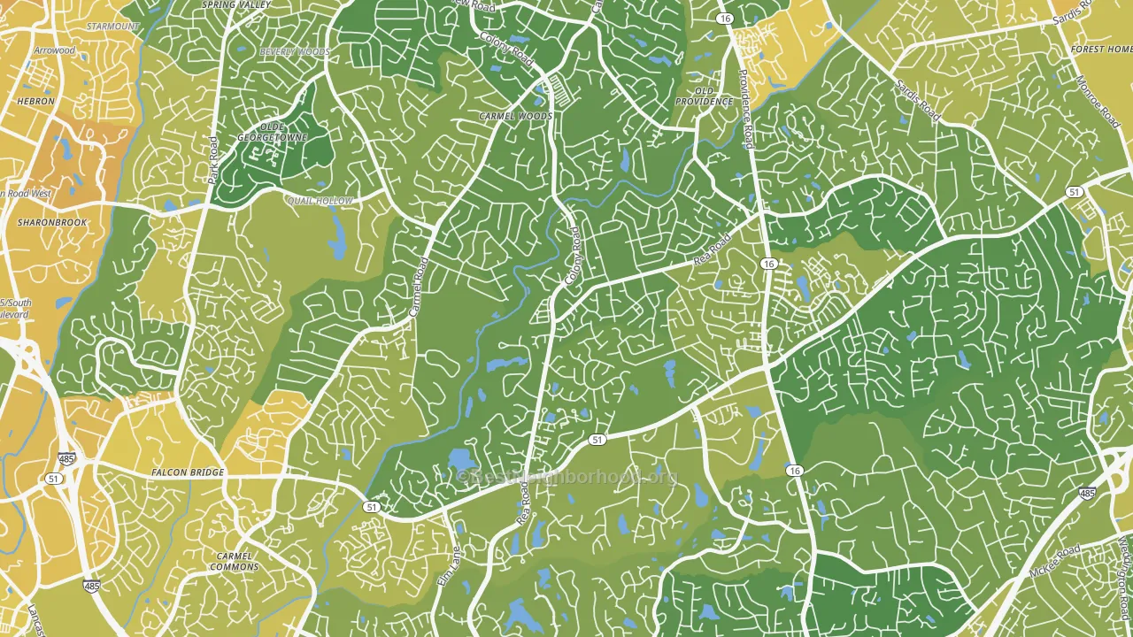 Map of the best neighborhoods in the Olde Providence South, Charlotte area, with better matches in green and worse matches in red