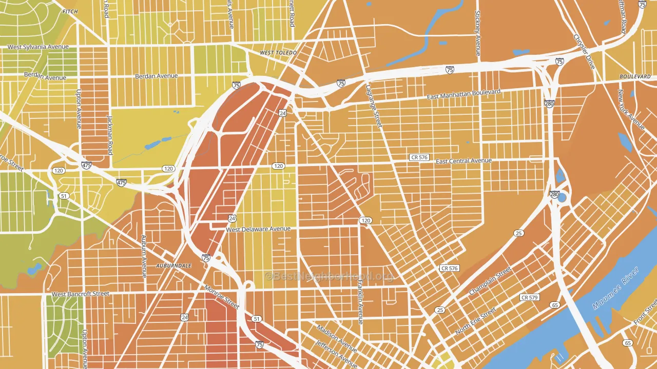 Map of the best neighborhoods in the Olde Towne, Toledo area, with better matches in green and worse matches in red