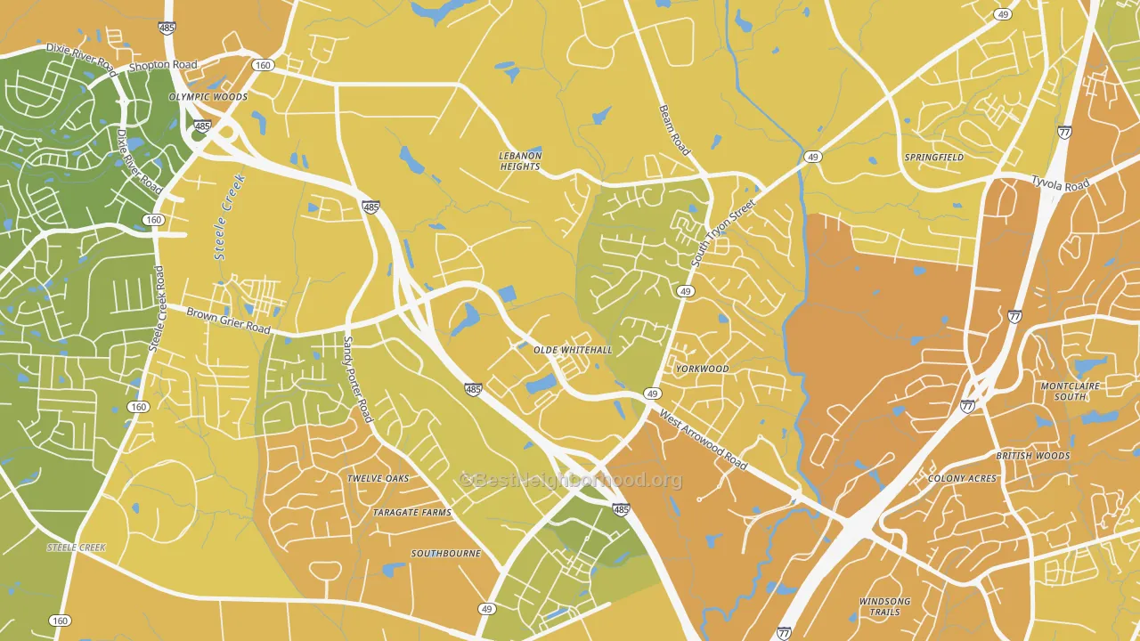 Map of the best neighborhoods in the Olde Whitehall, Charlotte area, with better matches in green and worse matches in red