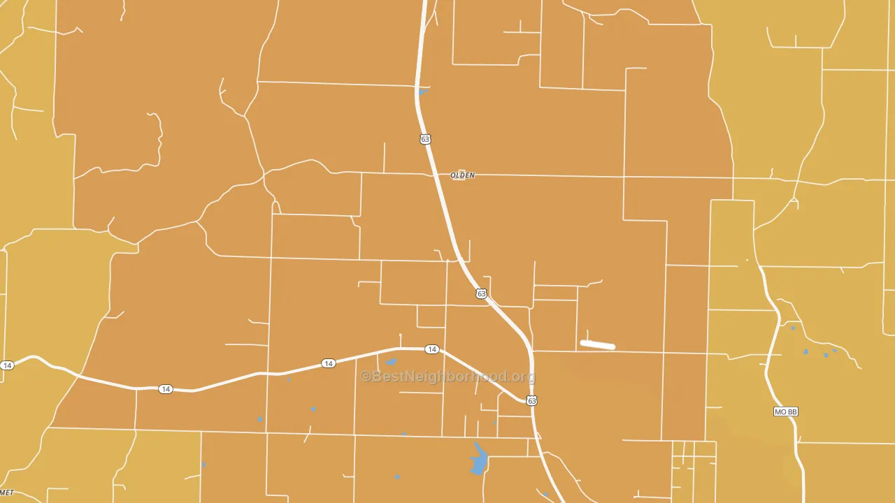 Map of the best neighborhoods in the Olden area, with better matches in green and worse matches in red