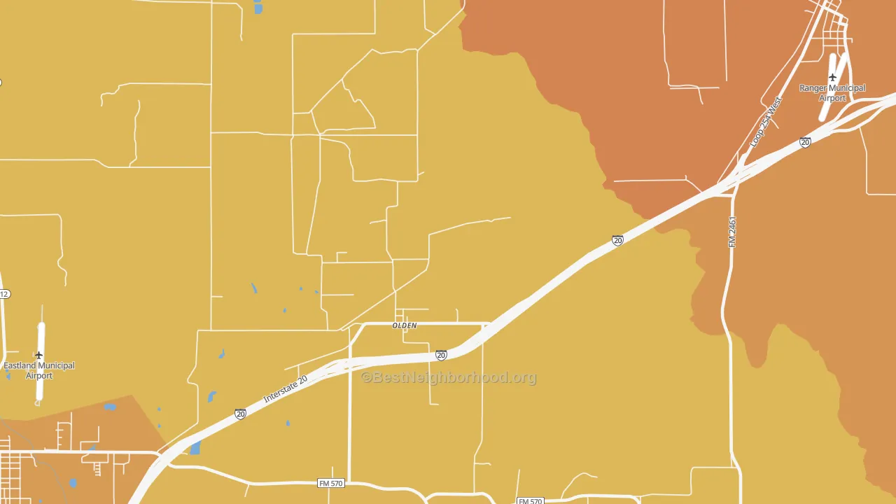 Map of the best neighborhoods in the Olden area, with better matches in green and worse matches in red