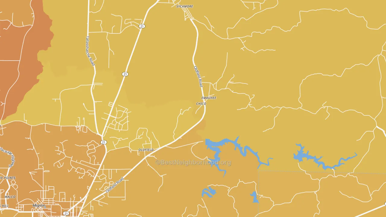 Map of the best neighborhoods in the Oldfield area, with better matches in green and worse matches in red