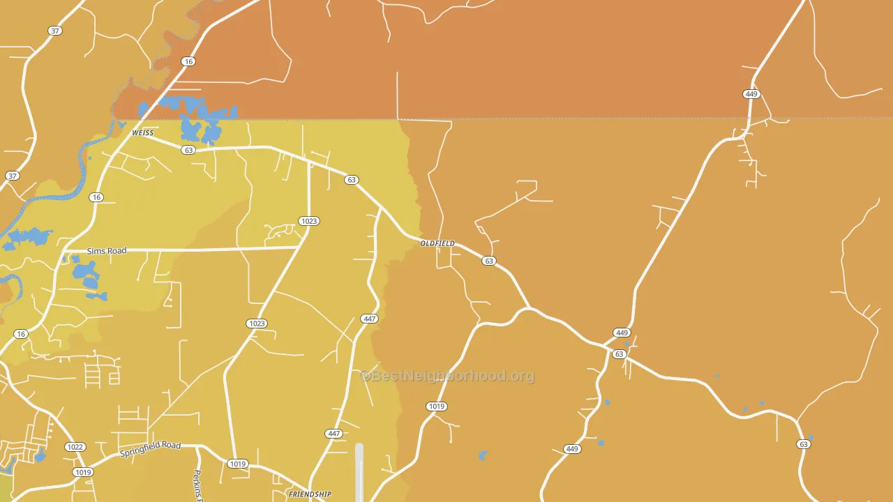 Map of the best neighborhoods in the Oldfield area, with better matches in green and worse matches in red