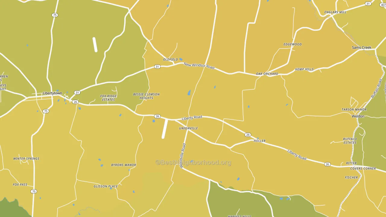 Map of the best neighborhoods in the Oldfield area, with better matches in green and worse matches in red