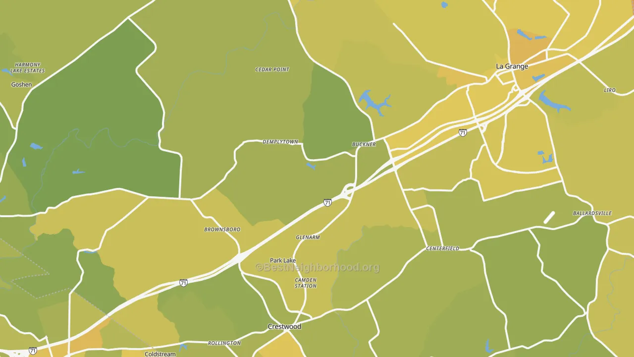 Map of the best neighborhoods in the Oldham County area, with better matches in green and worse matches in red