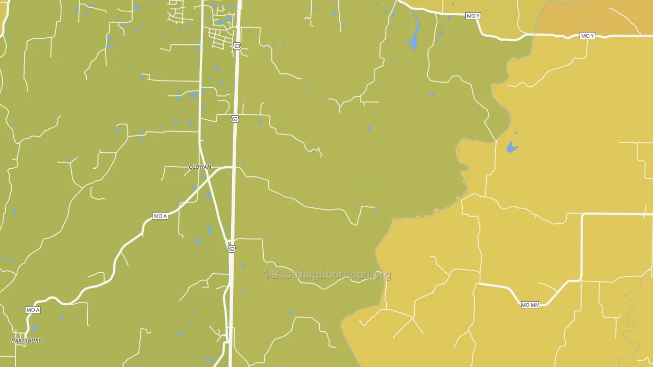 Map of the best neighborhoods in the Oldham area, with better matches in green and worse matches in red