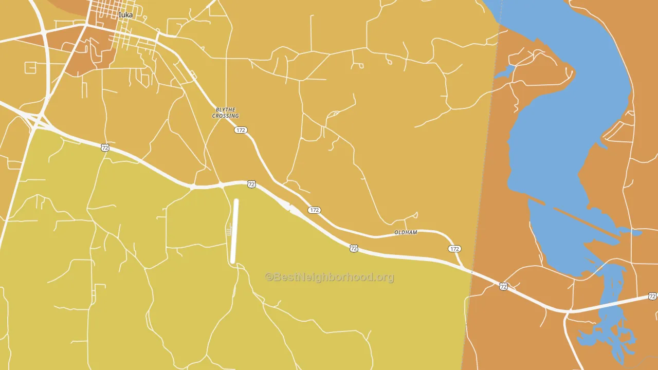 Map of the best neighborhoods in the Oldham area, with better matches in green and worse matches in red