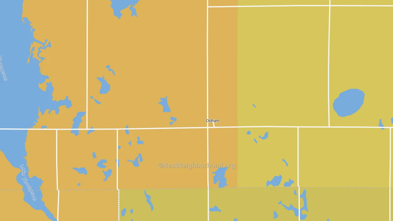 Map of the best neighborhoods in the Oldham area, with better matches in green and worse matches in red